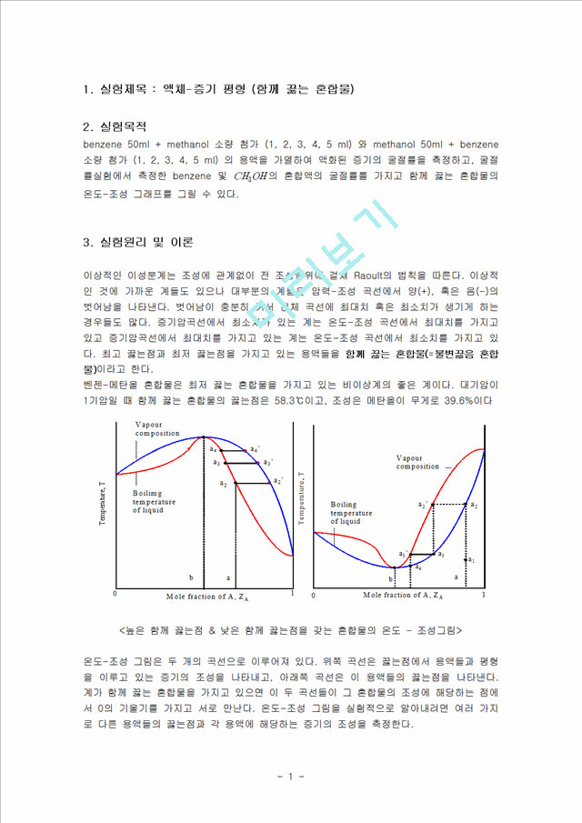 [자연과학][실험보고서] 액체-증기 평형 [함께 끓는 혼합물].hwp